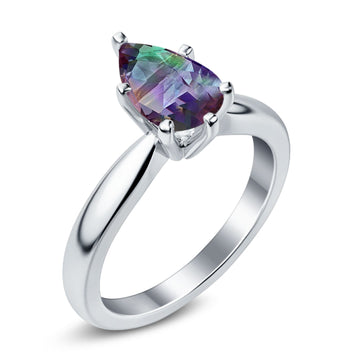 Solitaire Teardrop Simulated Rainbow CZ Wedding Ring 925 Sterling Silver Center Stone-(8mmx6mm)